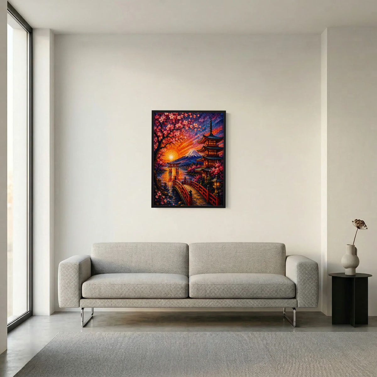 Gerahmtes Mosaik-Poster mit Kirschblüten, Pagode und Fuji bei Sonnenuntergang