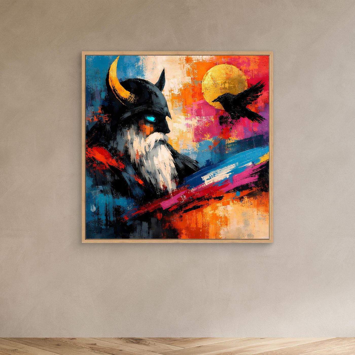 Abstraktes Leinwand-Wandbild mit Odin und schwarzem Rabenmotiv im Holzrahmen
