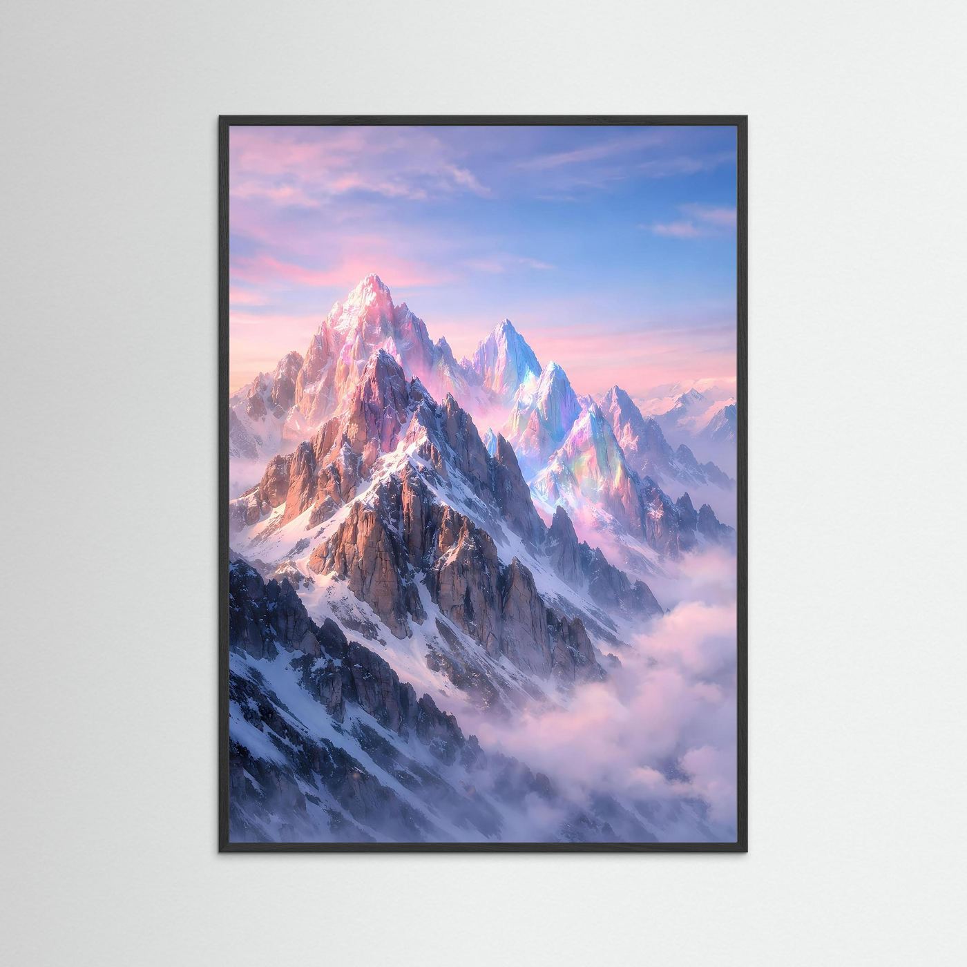 Fantasy-Bergposter mit kristallklaren Gipfeln in Pastellrosa und Eisblau im schwarzen Rahmen