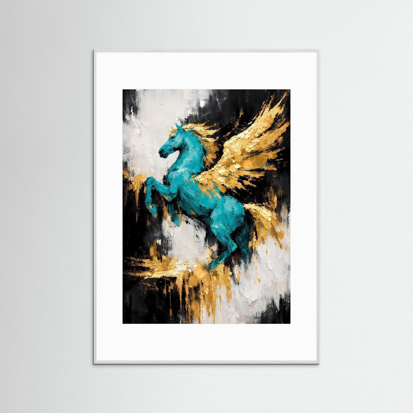 Abstraktes Eulenposter mit smaragdblauer Eule und goldgelben Flügeln, grauer Rahmen