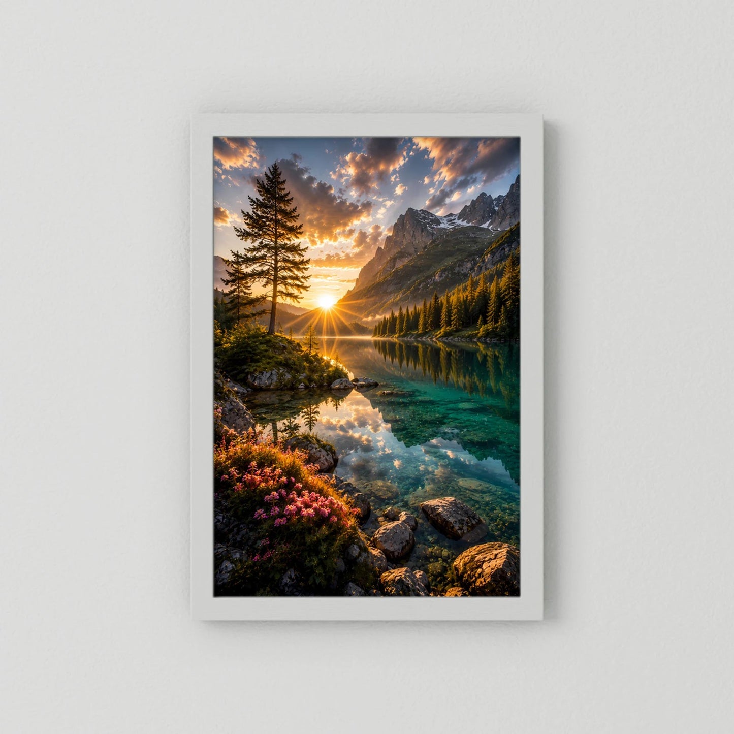Bergsee im Sonnenuntergang | Alpenlandschaft mit Spiegelung | Poster Hochformat