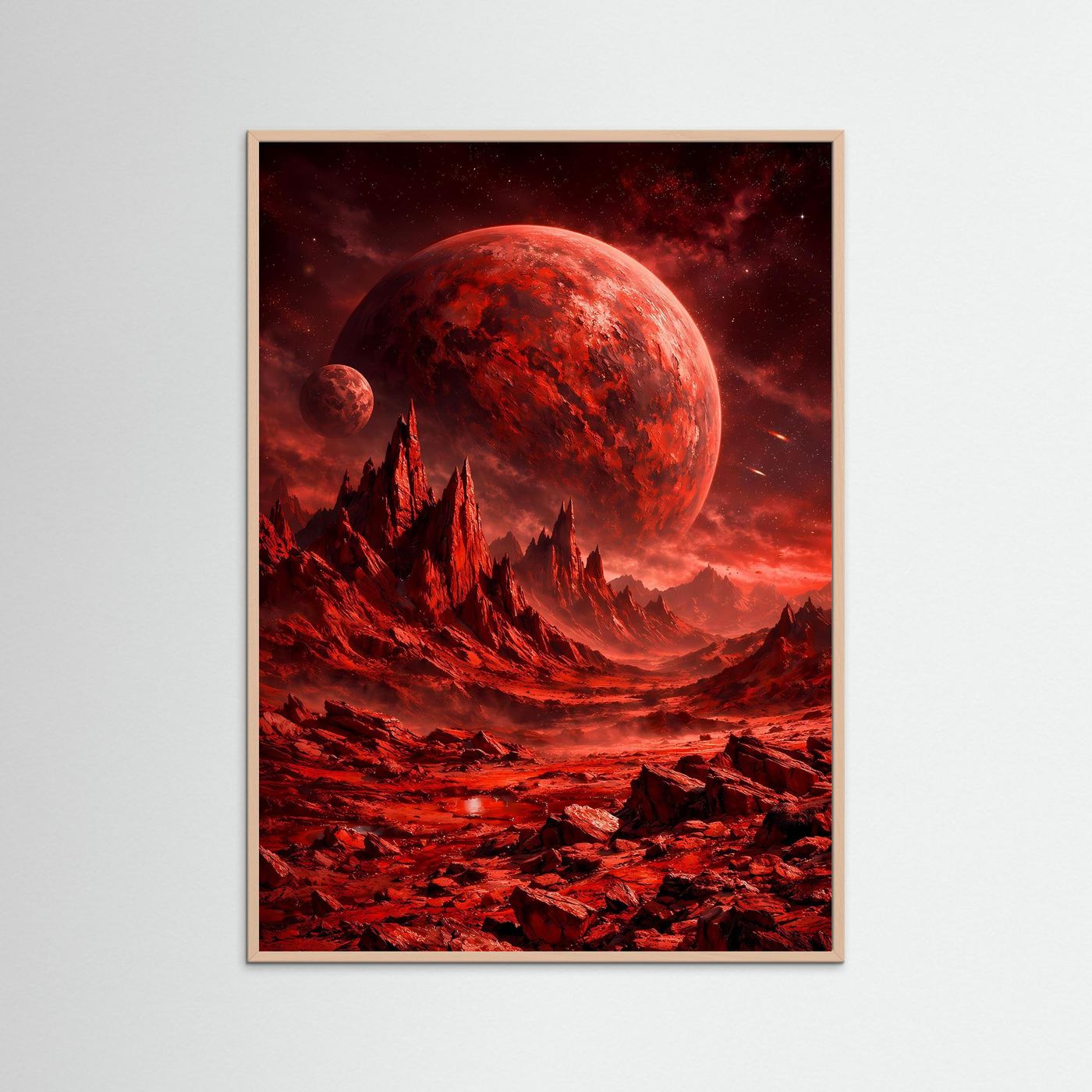 Sci‑Fi-Kunstposter mit Roséholzrahmen: roter Planet, Felszacken und rote Weltraumlandschaft