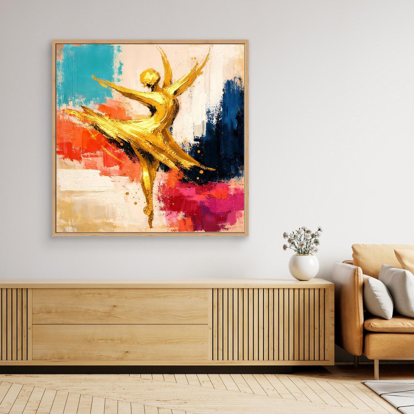 Abstraktes Leinwand-Wandbild mit goldener Ballerina, türkis, rot und blau, brauner Holzrahmen