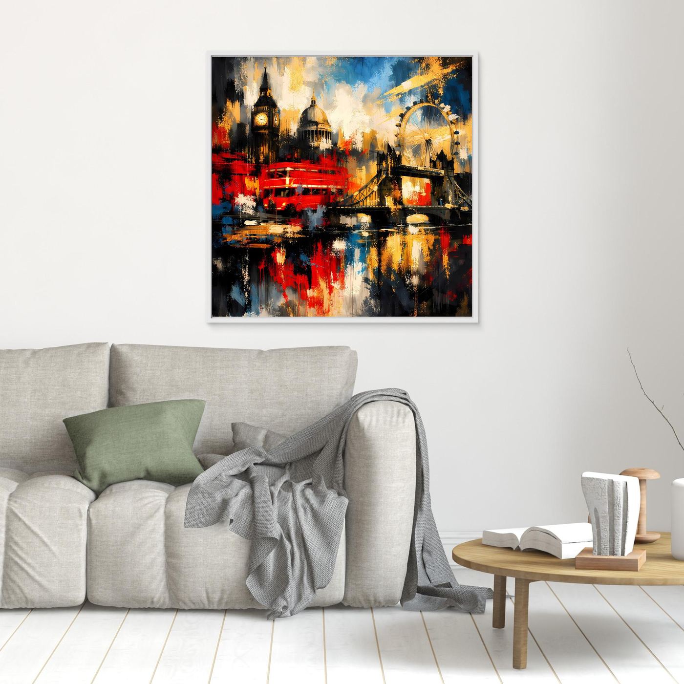 Leinwandbild mit abstrakter London-Skyline, bunt, heller Rahmen