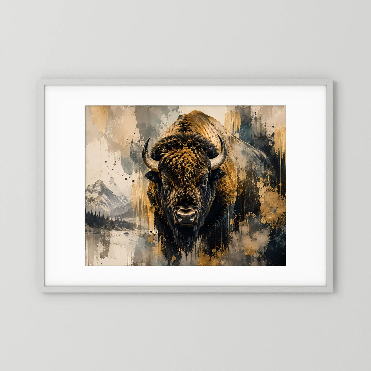 Gerahmtes Bison-Poster mit weißem Rahmen, abstraktes Schwarz-Gold-Bisonbild