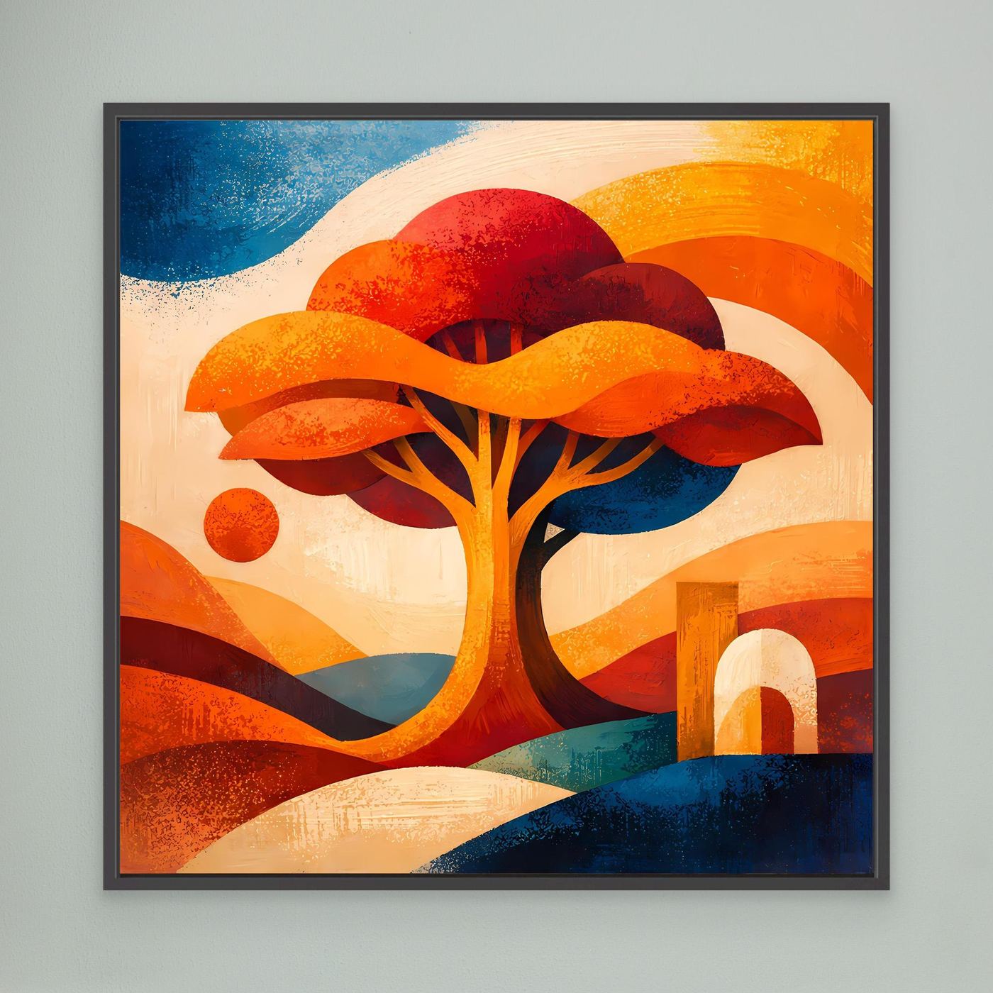 Leinwandbild mit abstraktem Lebensbaum in Orange, Blau und Rot, schwarz gerahmt