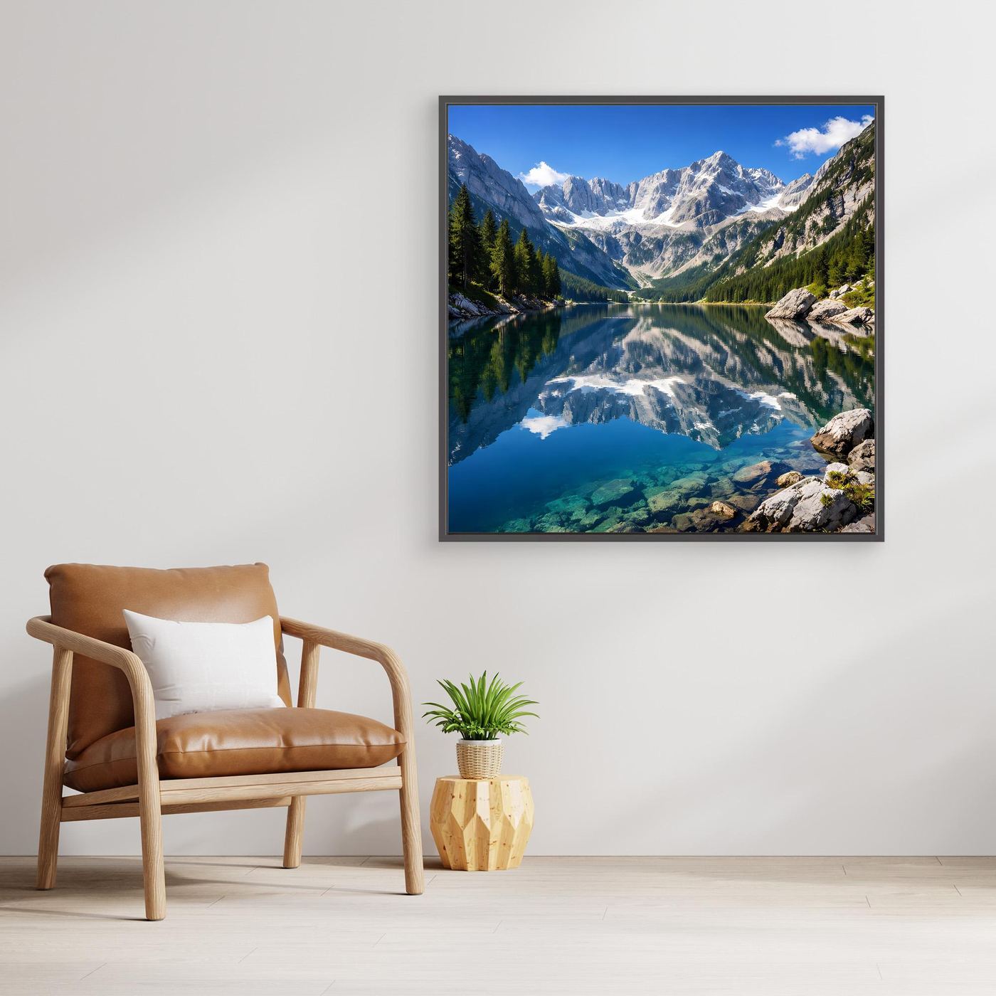 Leinwandbild Alpenpanorama mit blauem Rand und hellem Holzrahmen