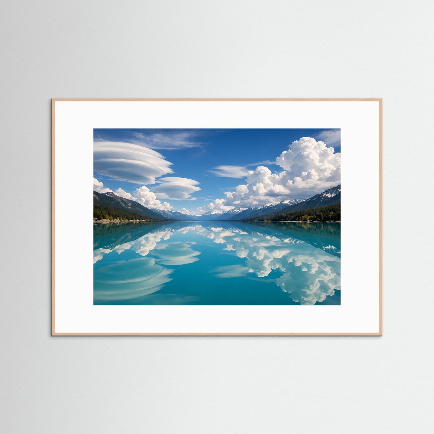 Gerahmtes Poster mit blauem Seeblick, Bergen und Wolkenreflexion im weißen Rand