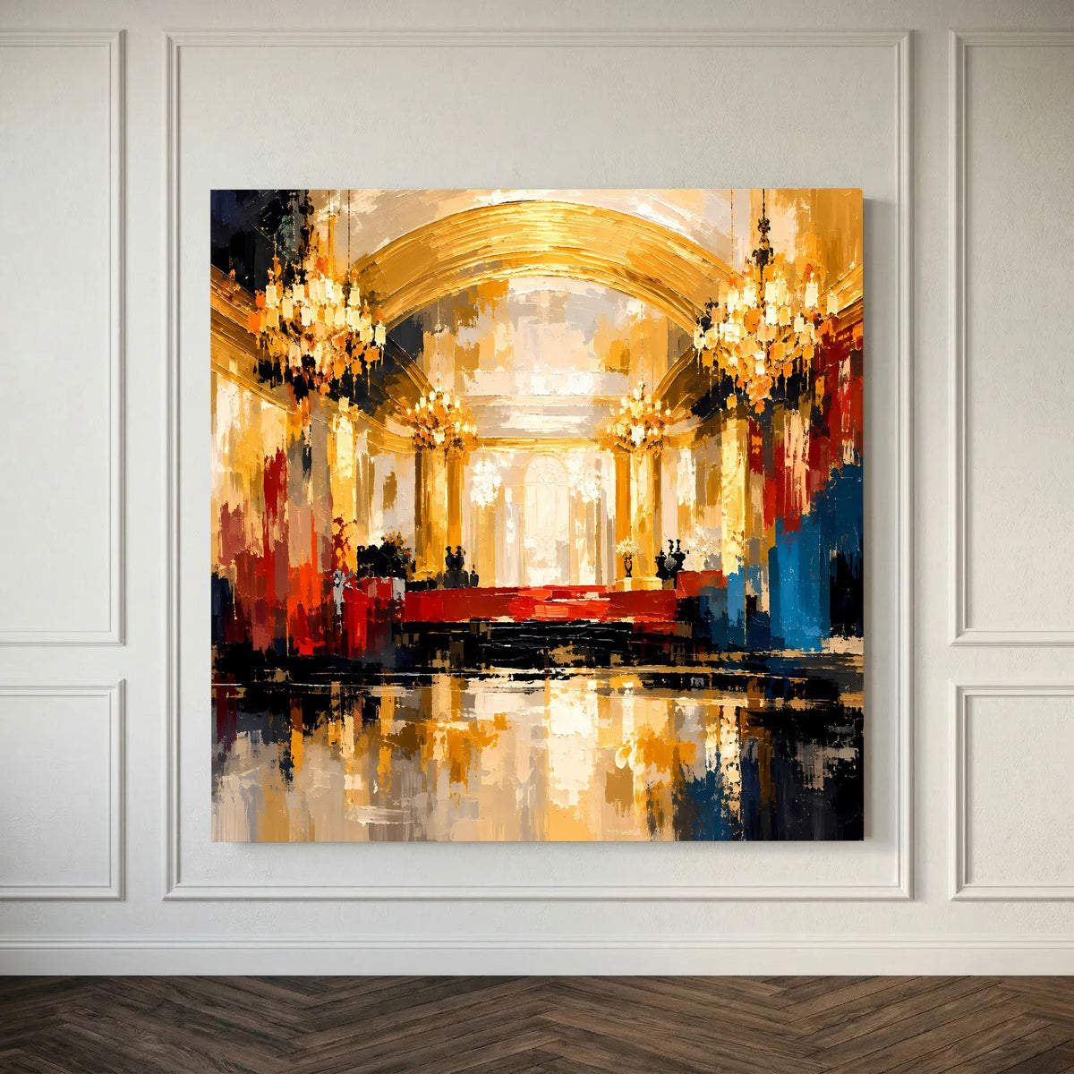 Leinwand Abstraktes Palast Saal Gemälde | Modernes Elegantes Wandbild Ballsaal Gold Rot