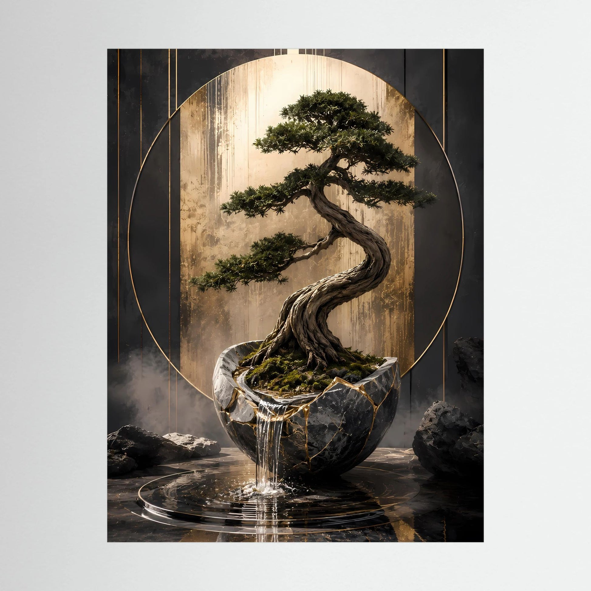 Nahaufnahme-Poster: Bonsai im schwarzen Topf mit Wasserfontäne, goldgrünes Laub im Kreis