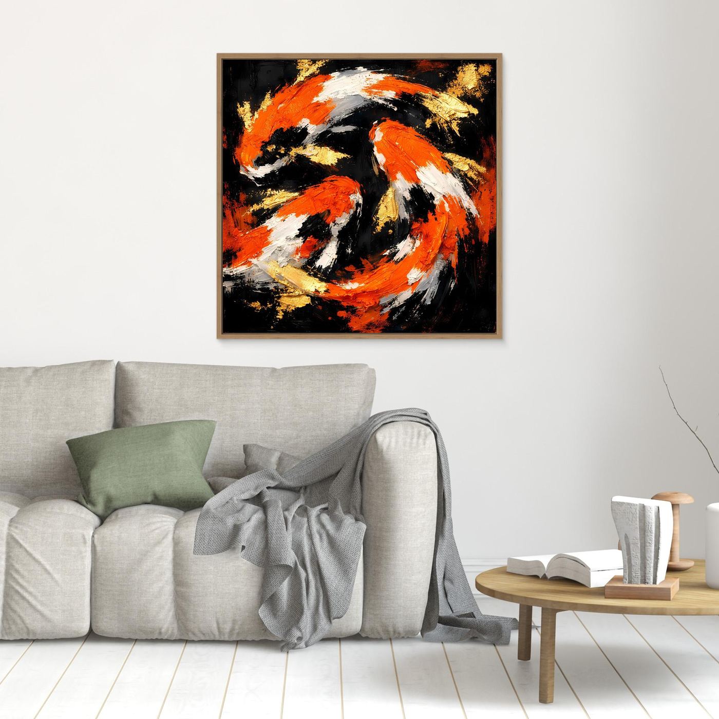 Leinwand Dynamische Koi-Karpfen | Abstraktes Yin Yang Wandbild Gold Orange