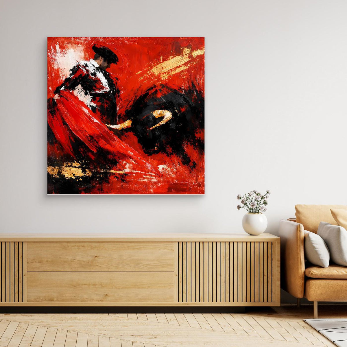 Gerahmtes Leinwandbild mit abstraktem Torero und Stier, roter Hintergrund, heller Holzrahmen