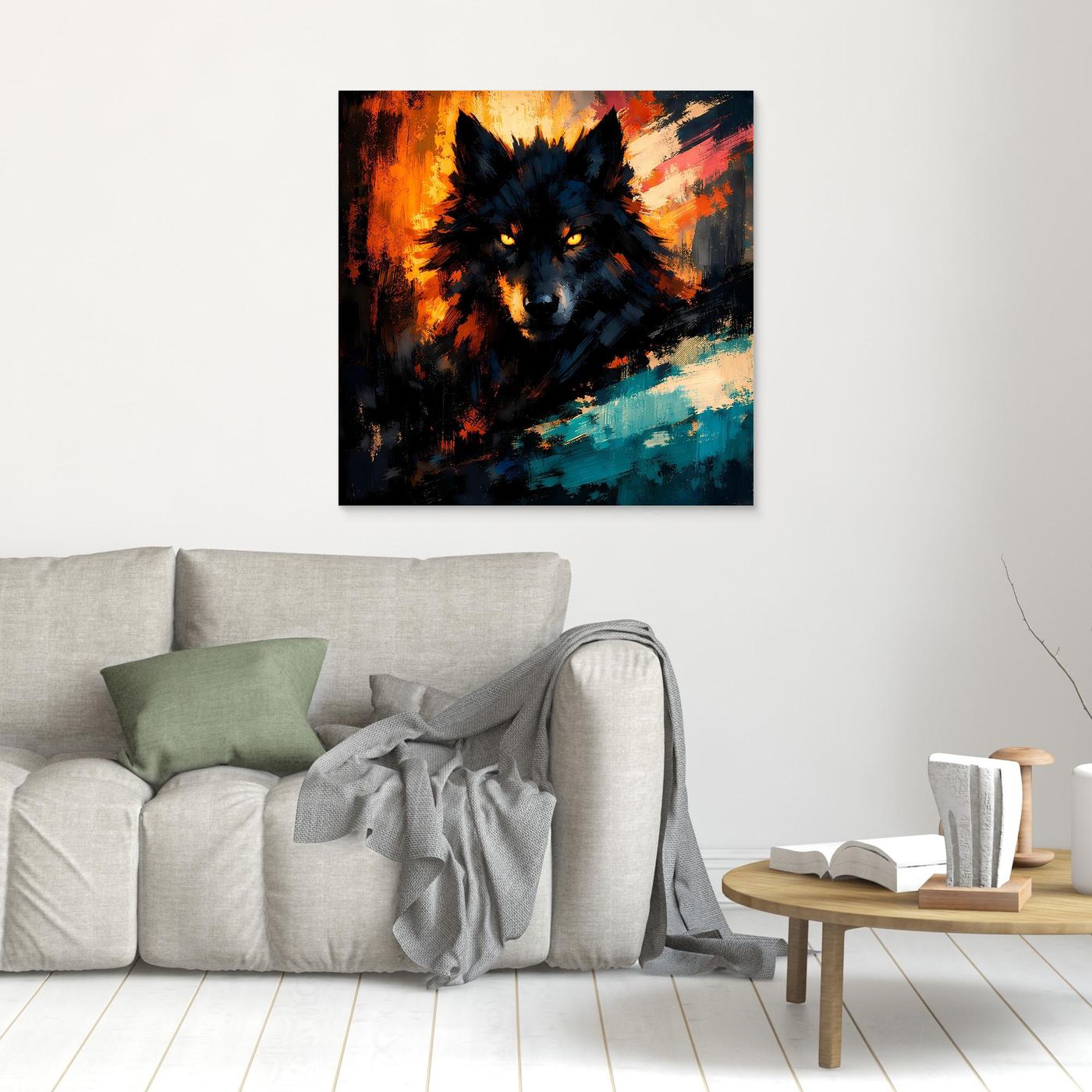 Kleines Wandbild mit abstraktem Wolfsgesicht, Flammenfarben und türkisfarbenen Pinselstrichen