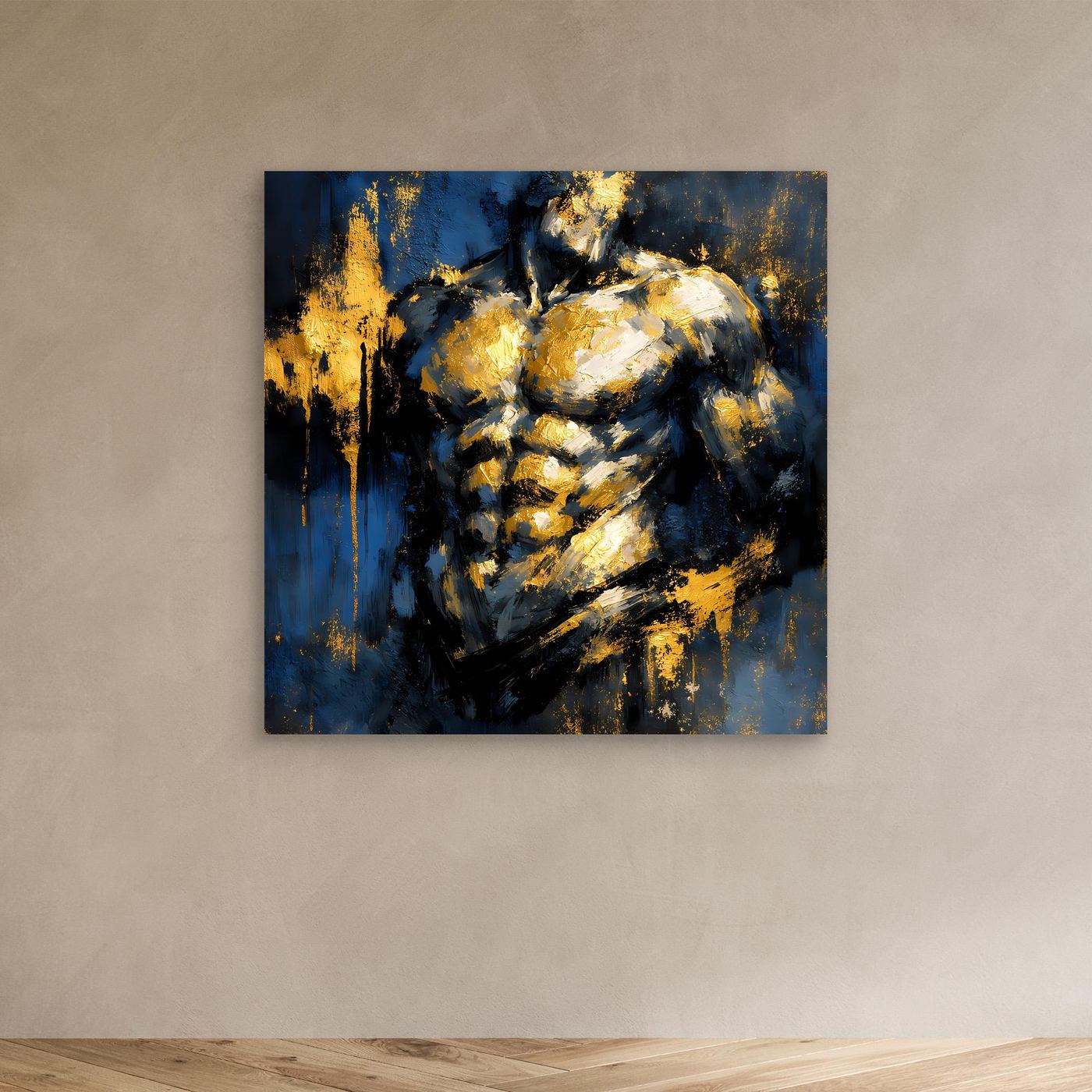 Leinwand Kraftvoller Männlicher Torso in Gold und Blau | Abstraktes Bodybuilding Wandbild