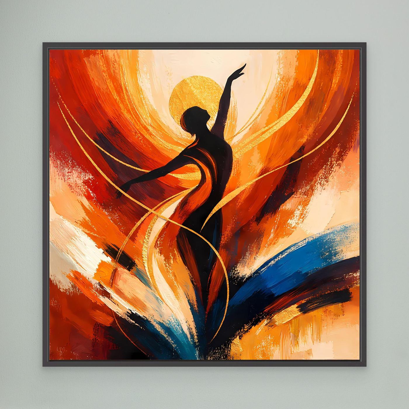 Leinwandbild mit Tänzerin-Silhouette und abstrakten Pinselstrichen in Orange, Gelb, Blau, schwarz gerahmt