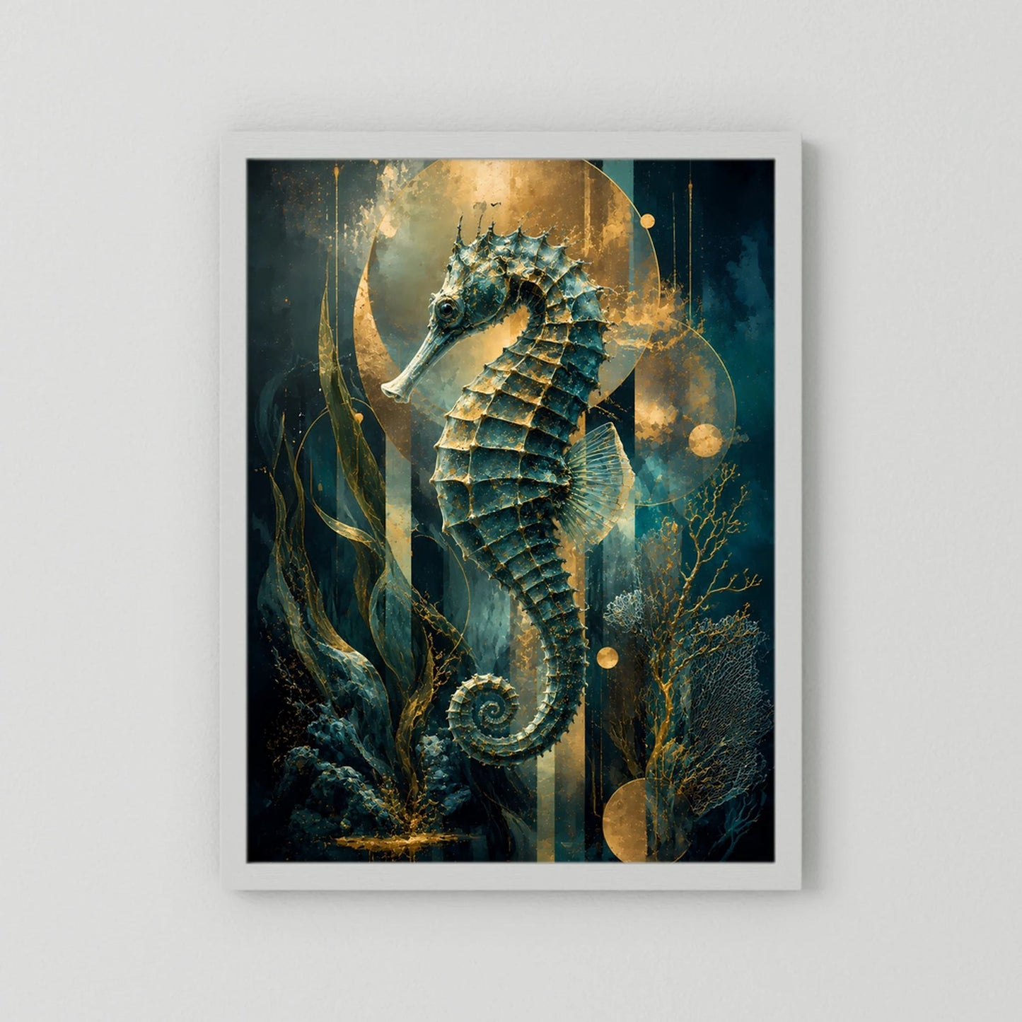 Poster mit Seepferdchen-Motiv in Petrol und Gold, weißer Rahmen