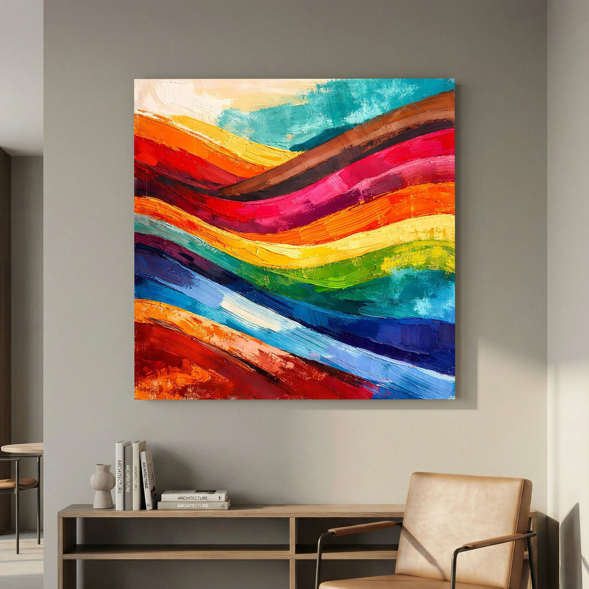 Abstraktes Leinwandbild an der Wand: farbige, geschwungene Linien in leuchtenden Tönen.