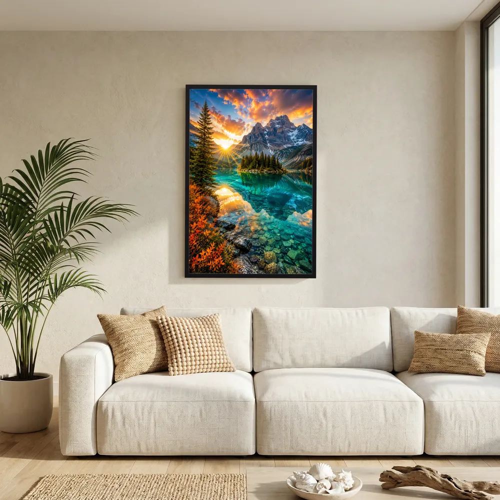 Türkiser Bergsee bei Sonnenuntergang | Majestätische Berglandschaft mit Spiegelung | Poster Hochformat