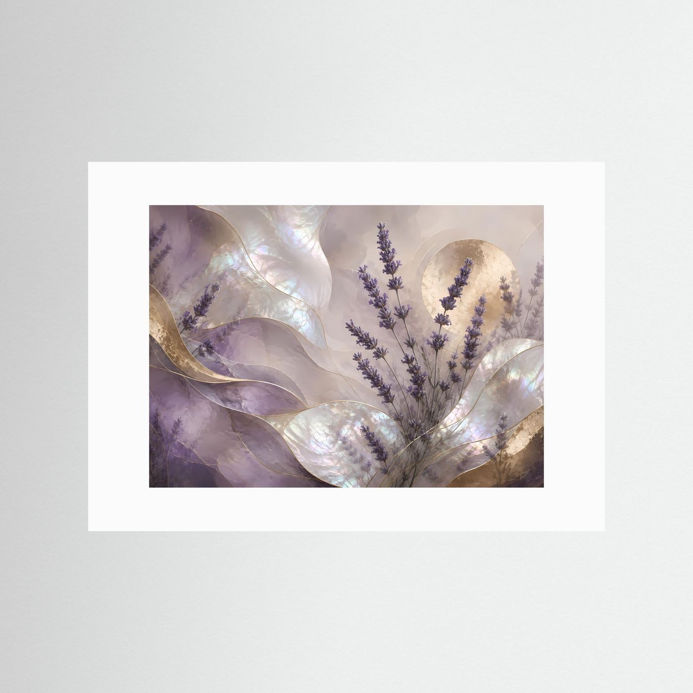 Lavendel-Blütenposter im Querformat mit Perlmutt- und Goldakzenten, weißem Passepartout
