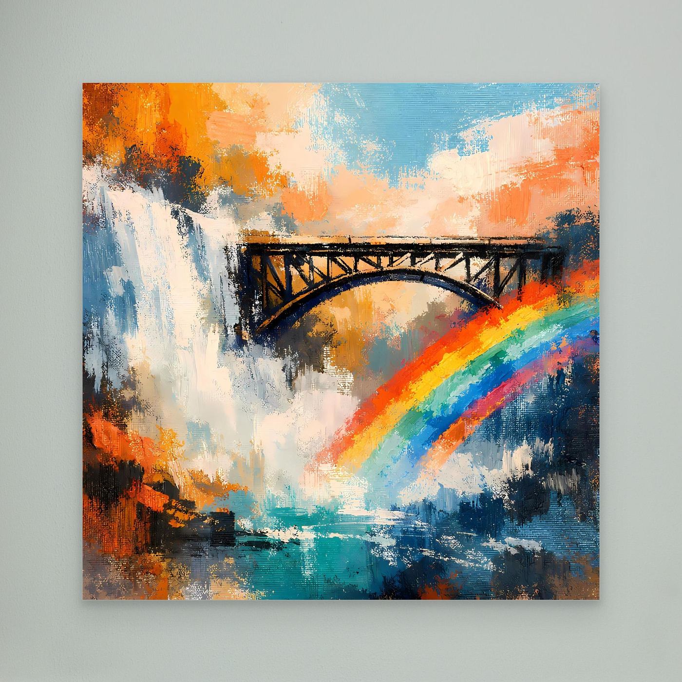 Abstraktes Leinwand-Wandbild mit Brücke über Wasserfall und farbigem Regenbogen