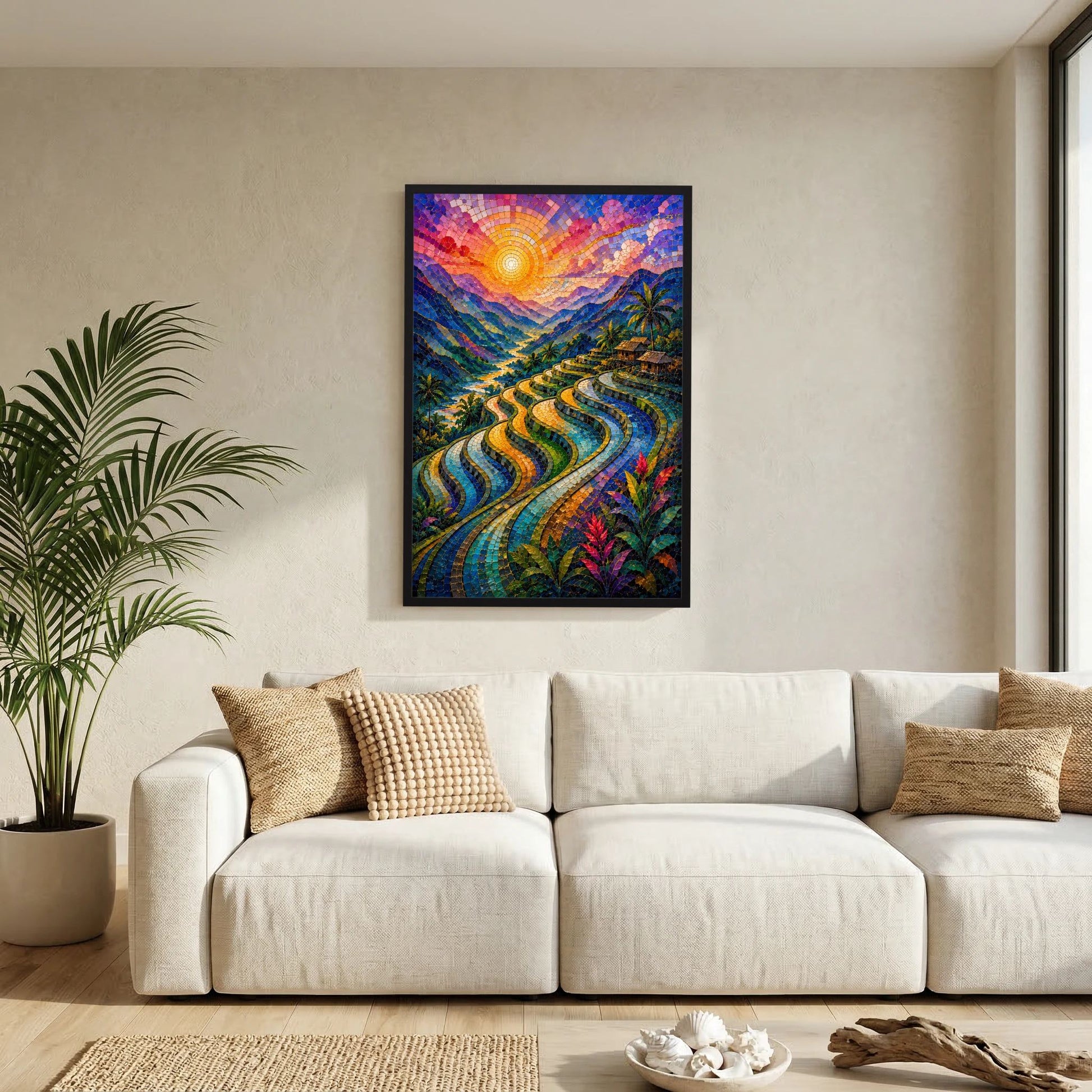 Reisterrassen im Sonnenuntergang | Farbenfrohe Mosaik Landschaft | Poster Hochformat
