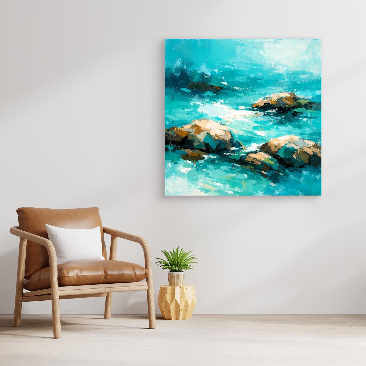 Leinwand Abstrakte Meereslandschaft mit Felsen | Modernes Küsten Wandbild Türkis