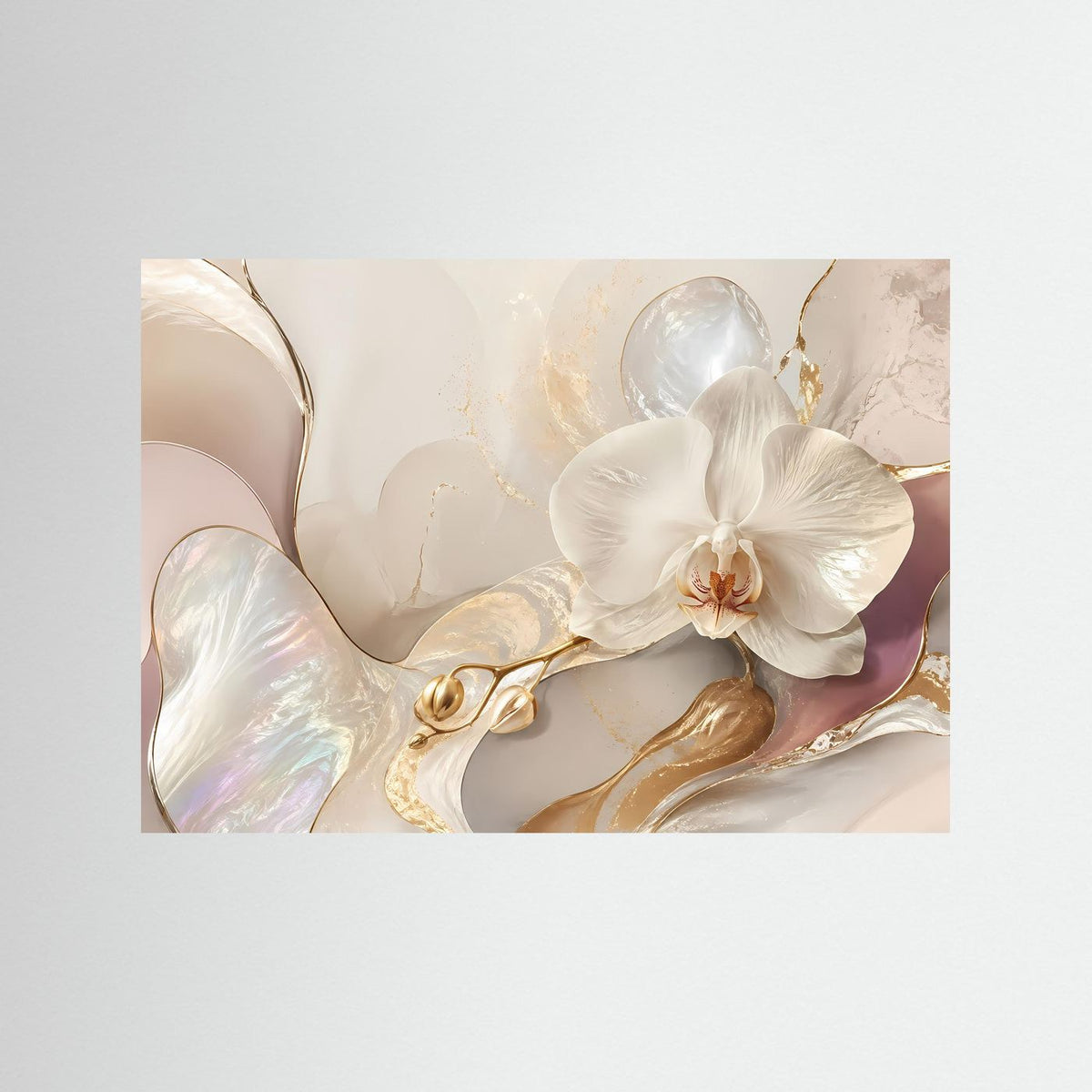 Orchideen-Poster im Querformat mit weißer Blüte und goldenen Ornamenten