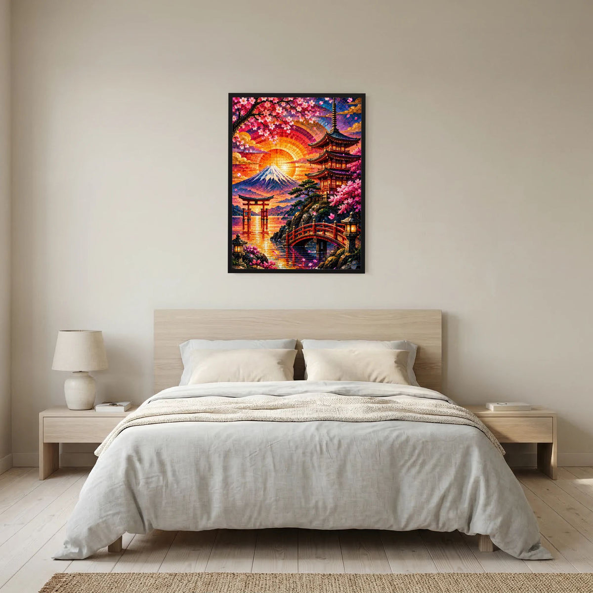 Gerahmtes Poster mit Mosaikmotiv: leuchtender Sonnenring, Fuji und Pagode, Sakura im Bild