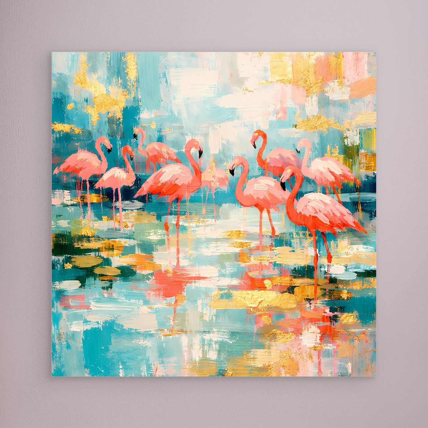 Leinwandbild mit abstrakten Flamingos im bunten Farbverlauf, rahmenlos