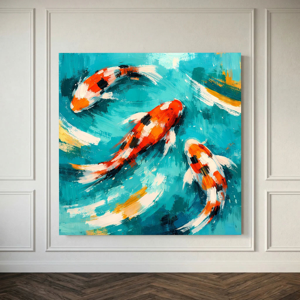 Keilrahmenbild im Rahmen-Look: Koi-Fische in Orange und Weiß auf türkisfarbenem Wasser