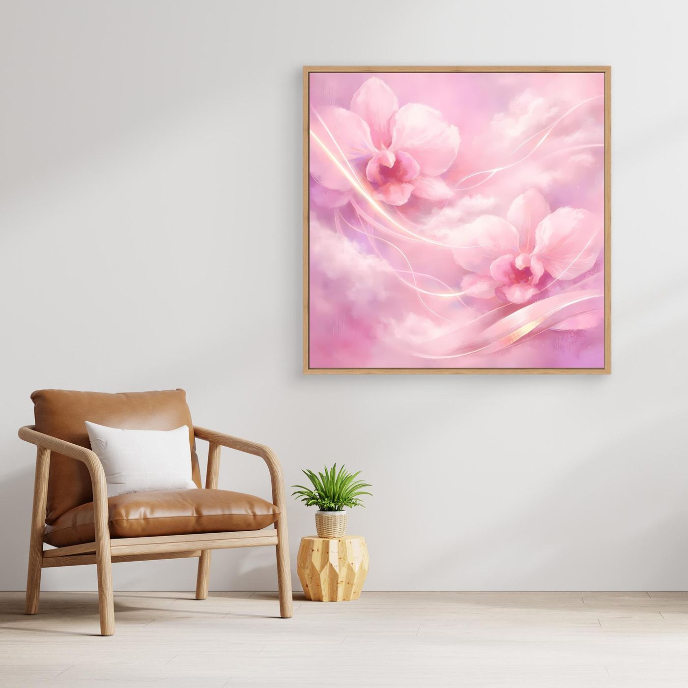 Leinwandbild mit rosa Orchideen-Motiv, goldbrauner Rahmen