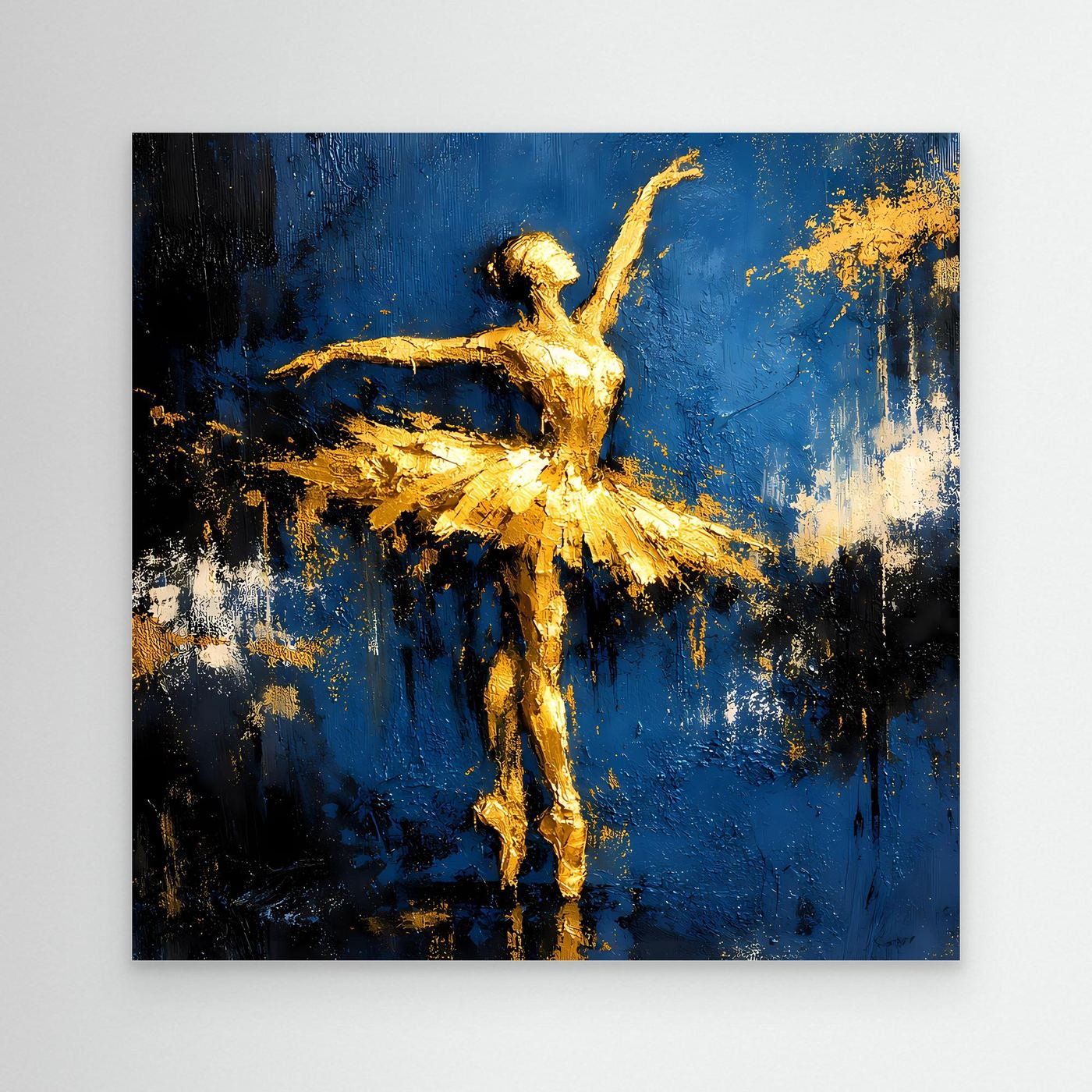 Leinwand Elegante Ballerina in Gold und Blau | Abstraktes Ballett Wandbild