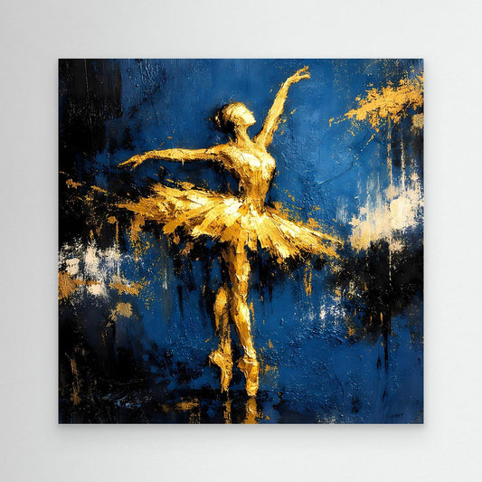 Abstraktes Ballett-Wandbild: goldene Ballerina auf blauem Grund, quadratisch