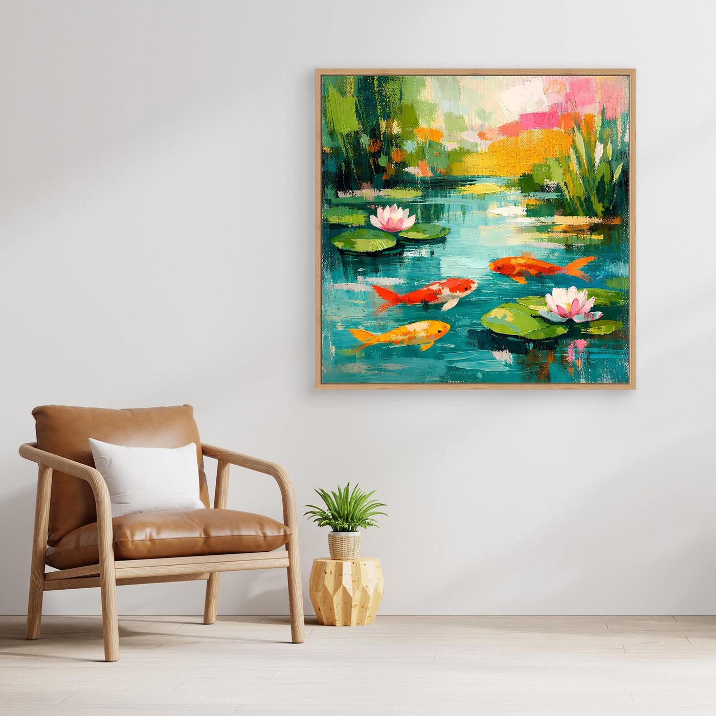 Abstract koi pond wall art with light wood frame, koi fish and pink water lilies