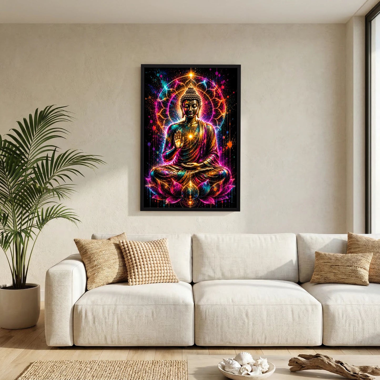 Hochformat-Poster: Meditierender Buddha im Lotussitz mit leuchtenden Farben, schwarzer Rahmen
