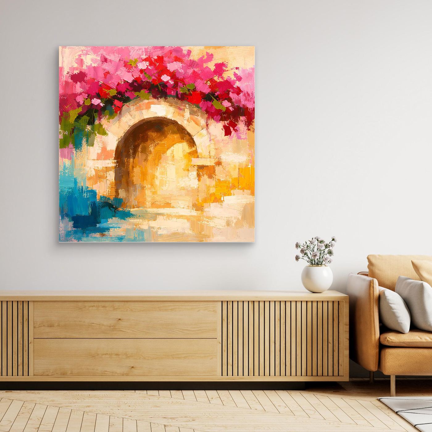 Leinwand Abstrakter Torbogen mit Bougainvillea | Modernes Mediterranes Wandbild Italien