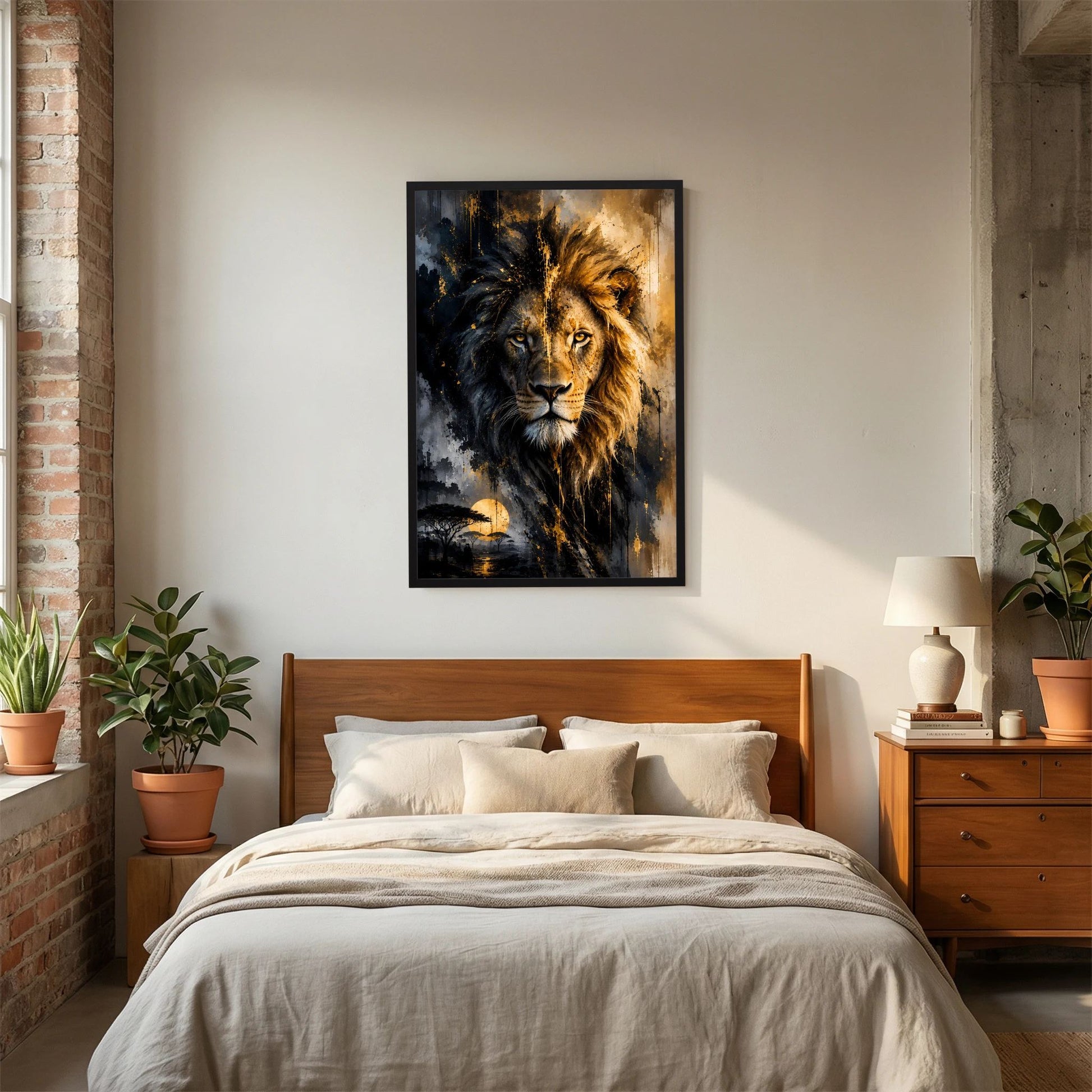 Löwenposter mit schwarzem Rahmen, majestätische Mähne in Goldtönen und tiefem Schwarz
