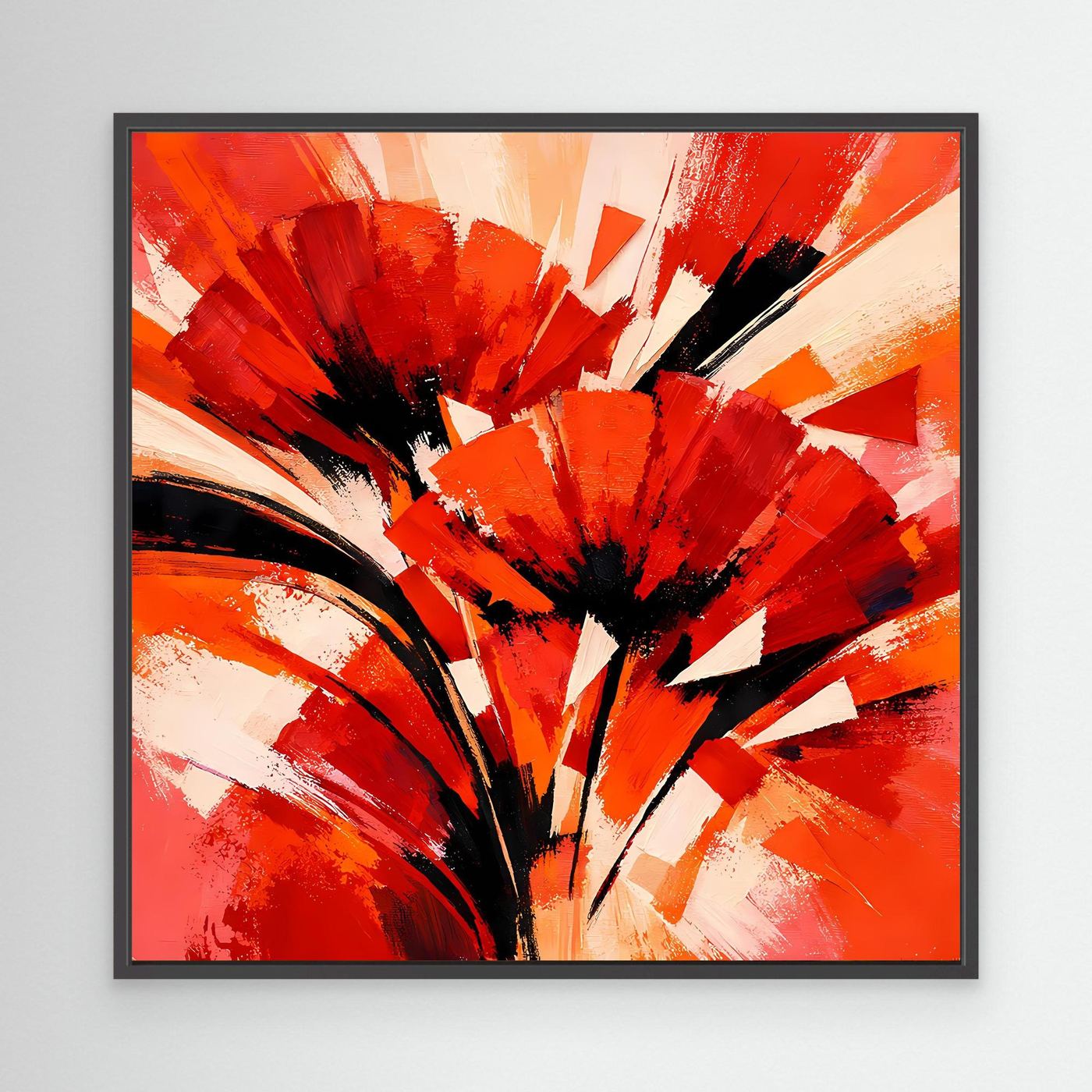 Abstraktes Leinwandbild mit Mohnblüten in Rot/Orange, in schwarzem Rahmen
