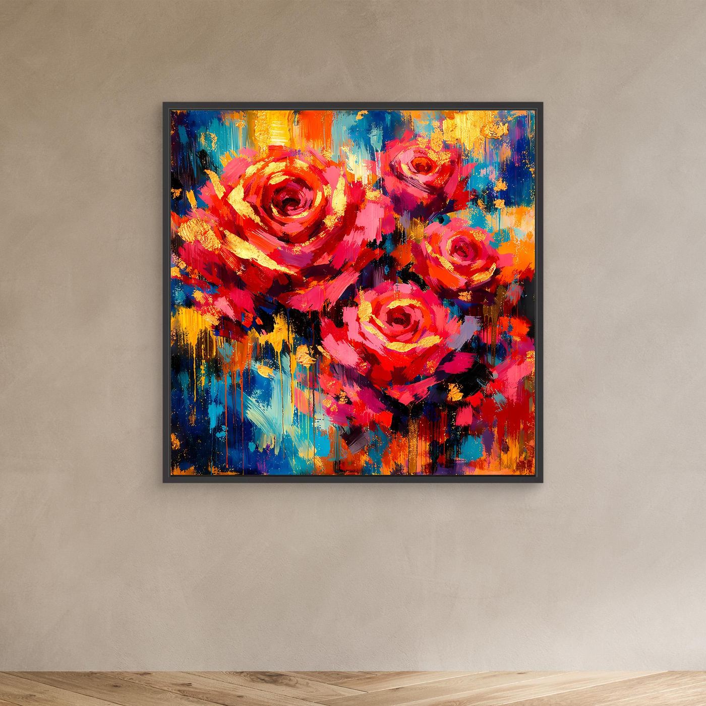 Abstraktes Rosen-Leinwandbild mit schwarzem Rahmen, buntes Pinselstrichmotiv