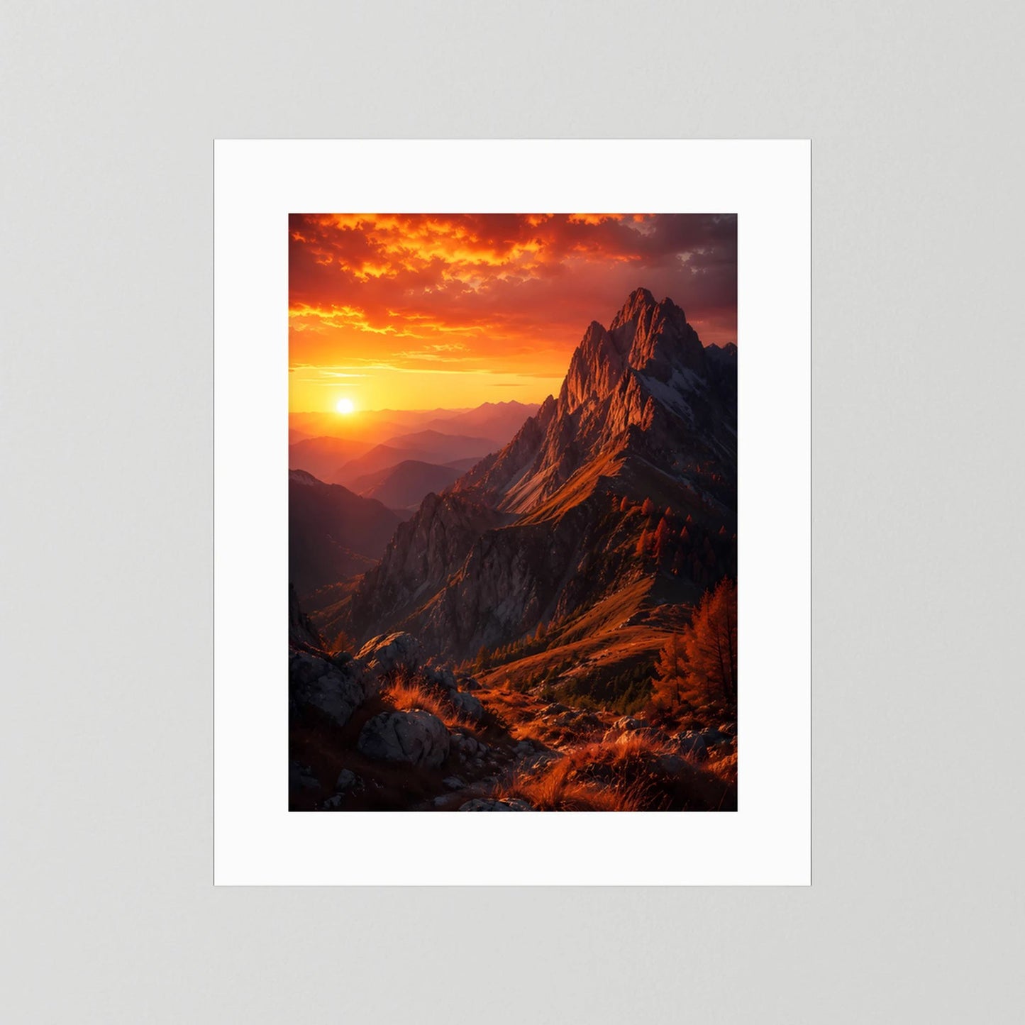 Poster im Hochformat mit Berglandschaft bei Sonnenuntergang, weißer Passepartout, ohne Rahmen
