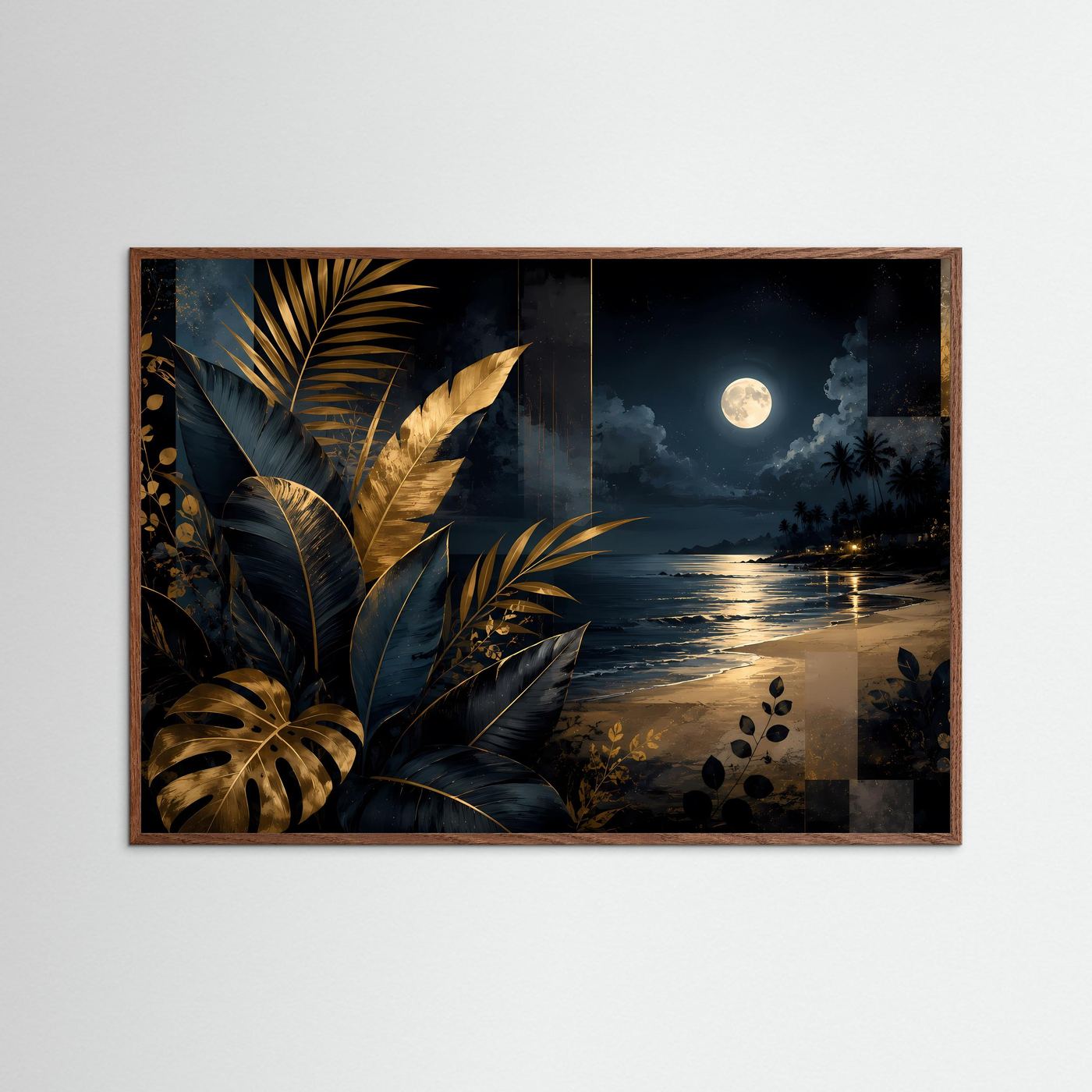 Querformat-Poster im dunklen Eichenrahmen: tropische Blätter, sandiger Strand und Vollmondschein.