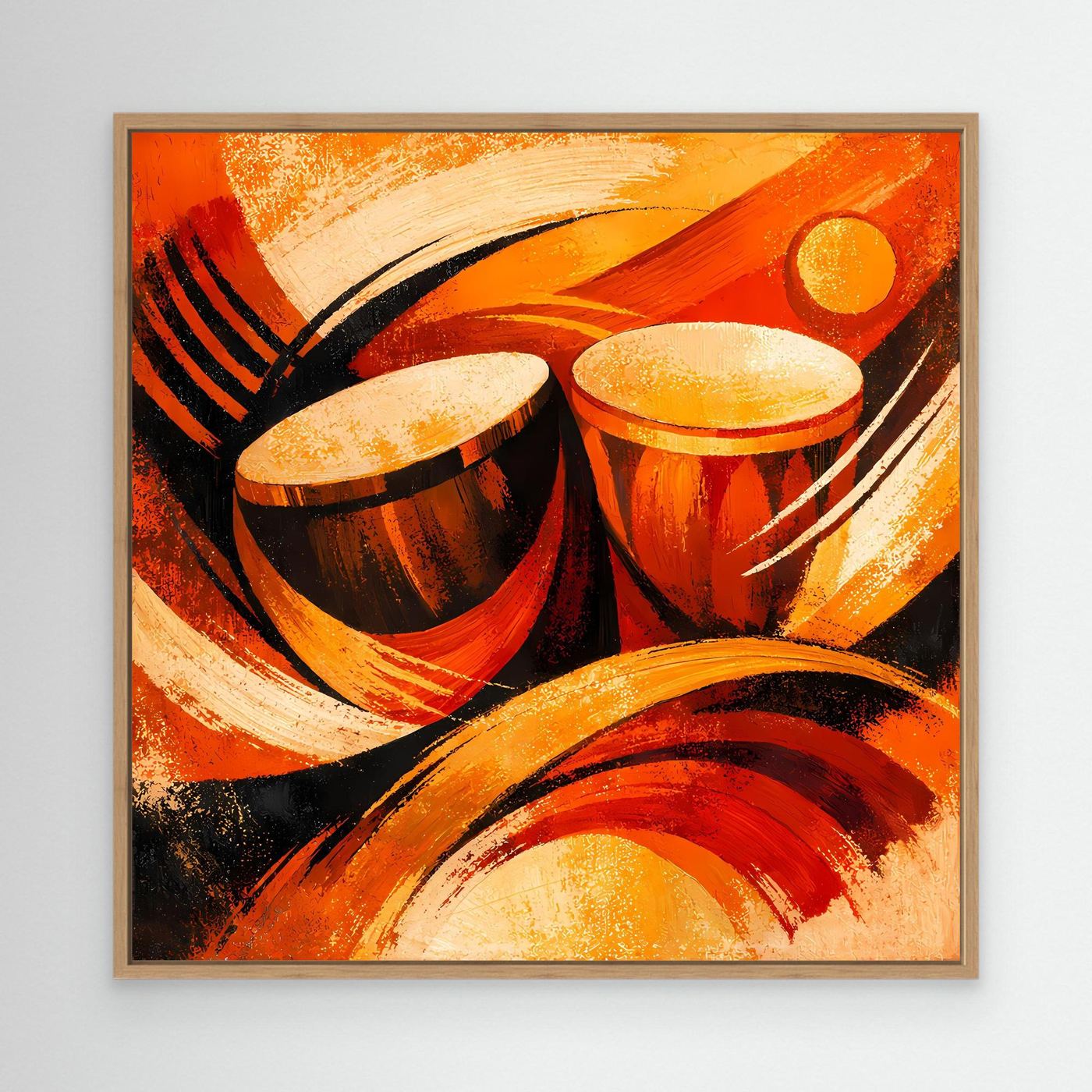 Leinwandbild mit hellem Holzrahmen, abstrakte Trommeln in Orange und Schwarz
