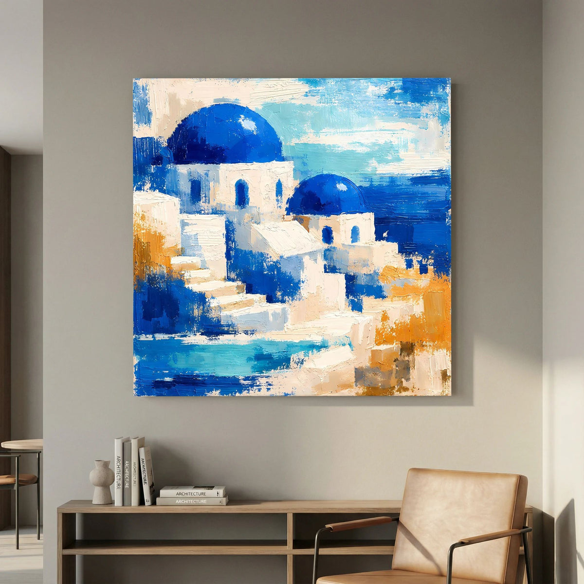 Abstraktes Leinwand-Wandbild mit blauem Himmel und weißen Gebäuden im Pinselstrich