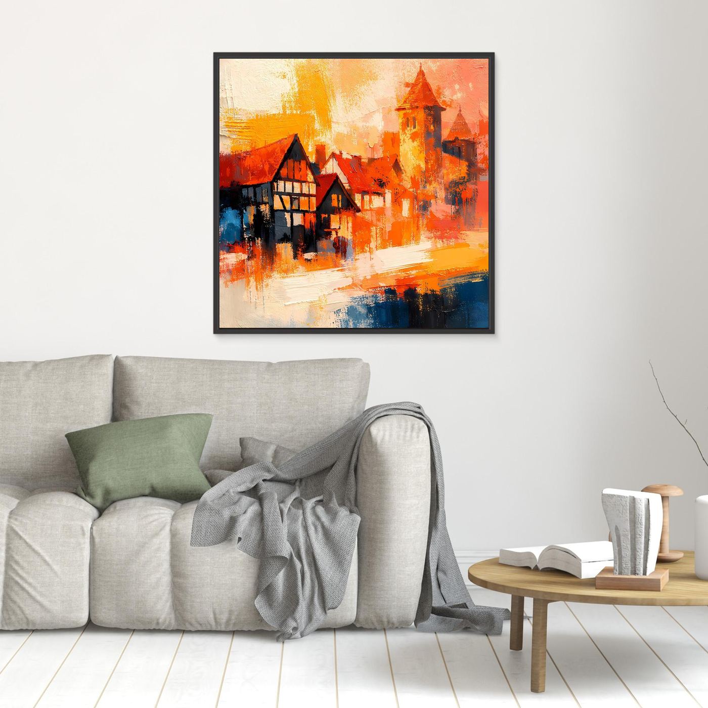 Premium Leinwand Romantische Altstadt im Farbenrausch | Modernes Fachwerk Wandbild abstrakt