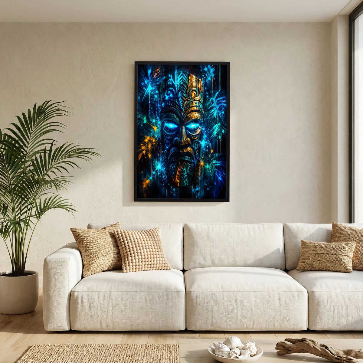 Hochformatiges Poster mit leuchtender Tiki-Maske in Blau und Gold im schwarzen Rahmen
