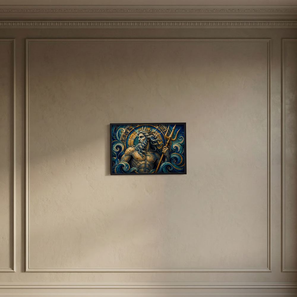 Schwarzes gerahmtes Poster mit Poseidon im Mosaikstil, Dreizack in Blau und Gold
