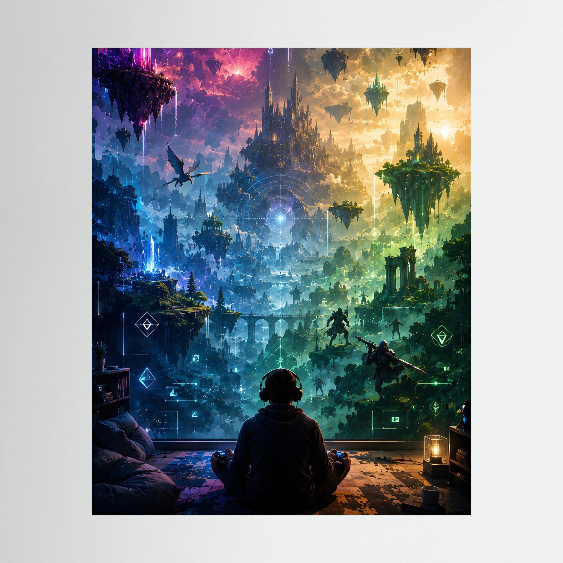 Kunstposter im Rahmen mit fantastischer Gaming-Landschaft in Blau, Lila, Grün und Gelb