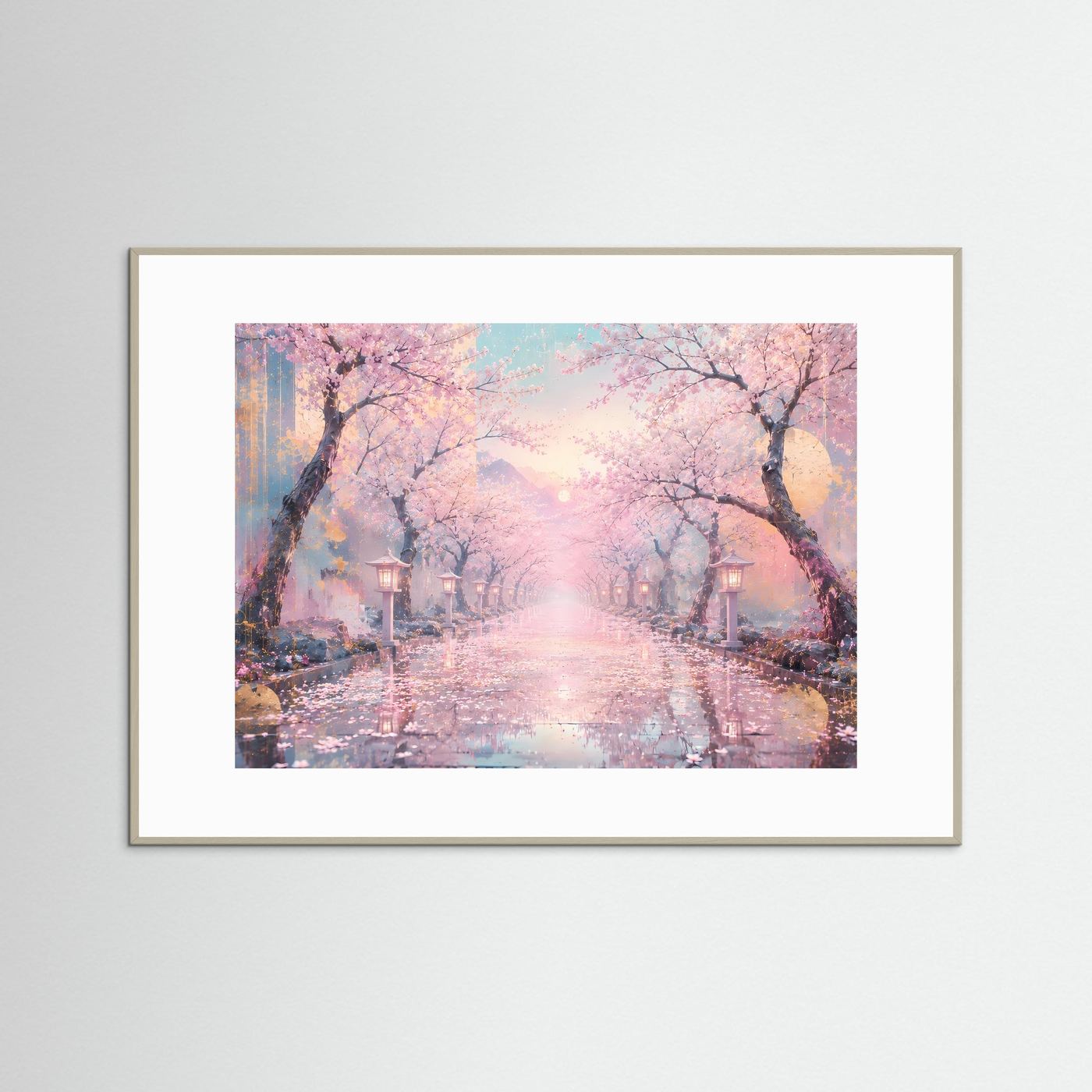 Kirschblütenweg im Morgenlicht | Japanische Sakura Landschaft in Rosa & Gold – Elegante Wandkunst