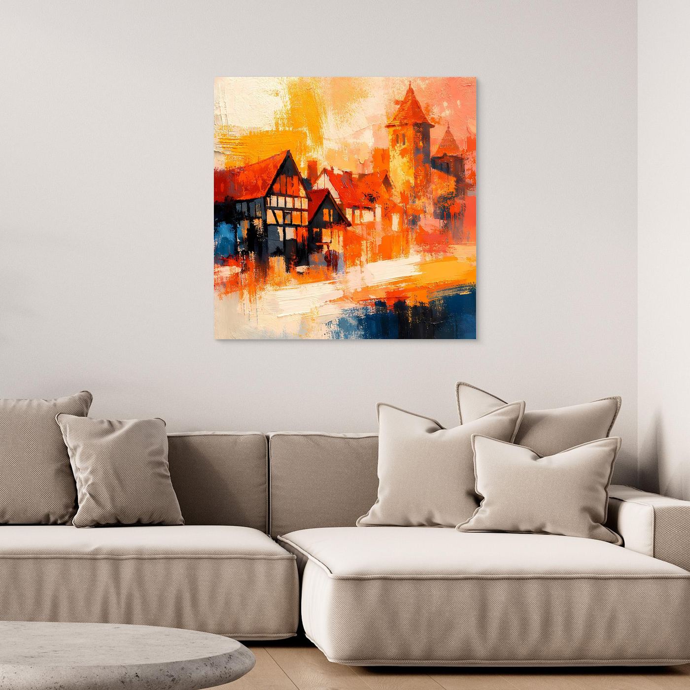 Premium Leinwand Romantische Altstadt im Farbenrausch | Modernes Fachwerk Wandbild abstrakt