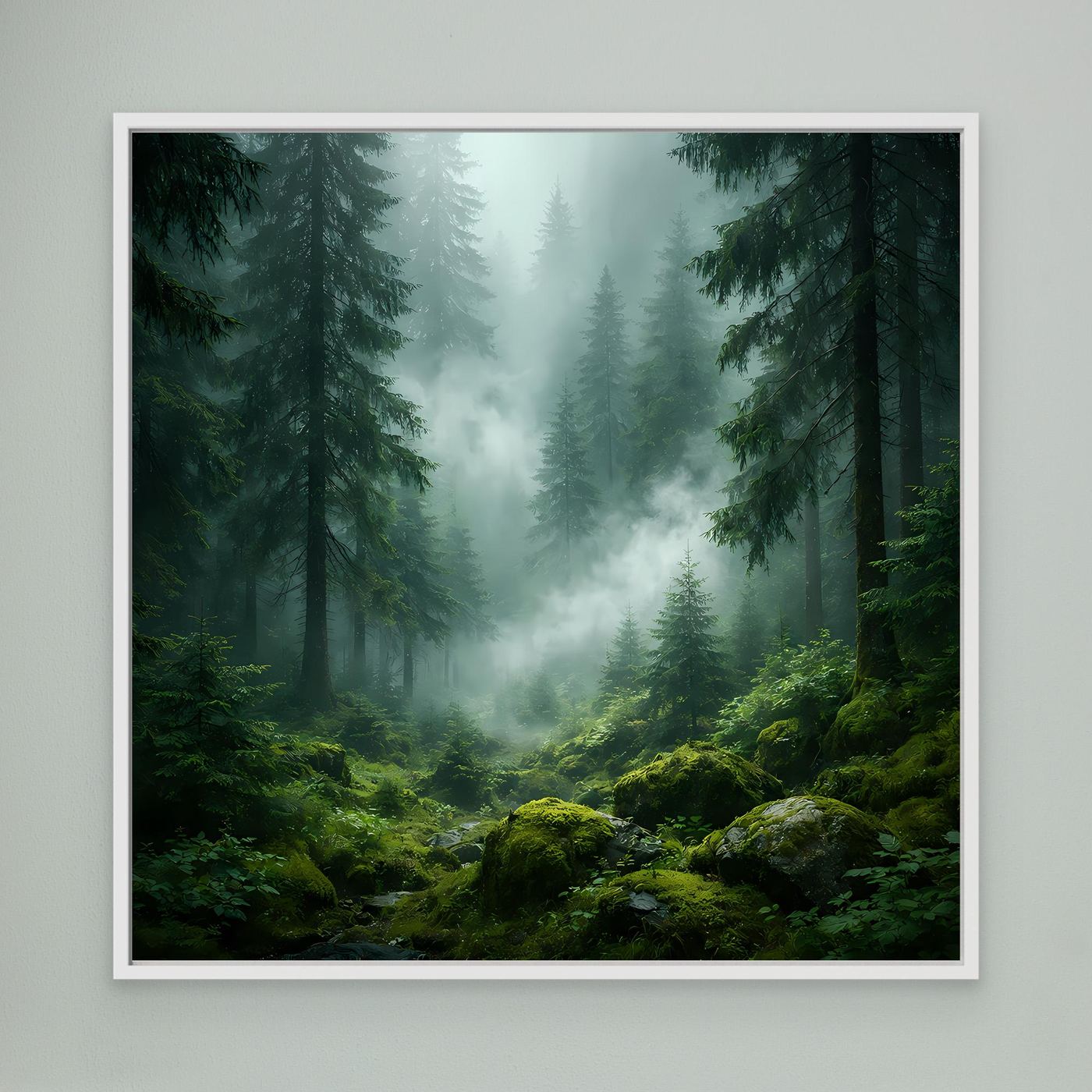 Leinwandbild Grüner Nebelwald mit Tannen, weißer Rahmen